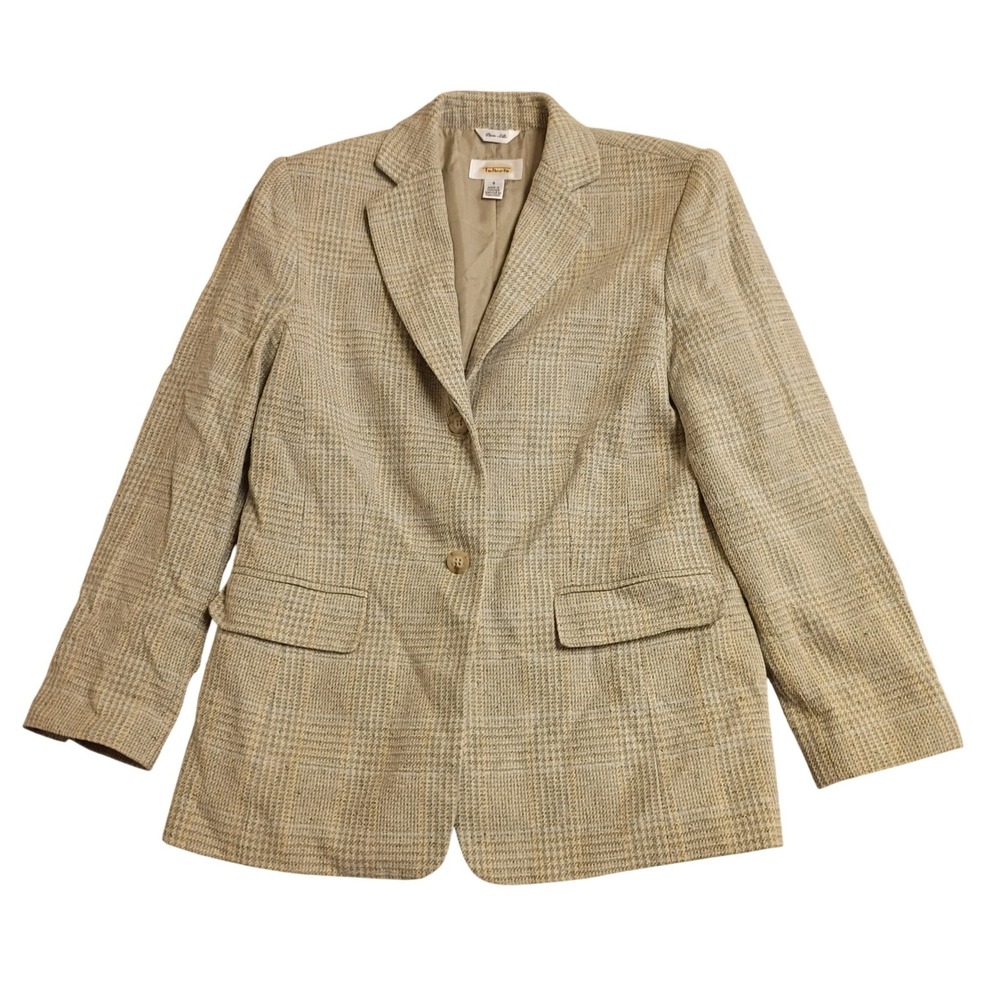Talbots Silk Blazer Womens 6 Tan Glen Plaid 2 Button Professional Career Jacket